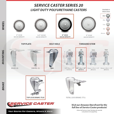 Service Caster 4 Inch Black Polyurethane Wheel Swivel 3/8 Inch Threaded Stem Caster with Brake SCC-TS20S414-PPUB-BLK-TLB-381615